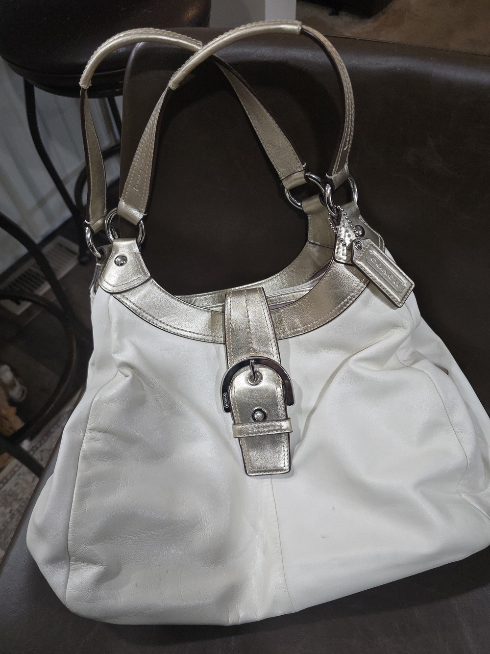 Coach Soho Lynn Hobo White Leather Shoulder Bag with Metallic Trim